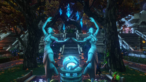 A fountain in World of Warcraft, showing two elves.