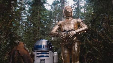 C-3PO, R2-D2, and Wicket the Ewok on the forest moon of Endor from Star Wars: Return of the Jedi