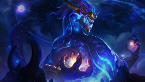 Image - Aurelion Sol, a giant space dragon made of night sky and stars, towers in the sky.