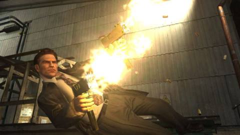 Max Payne jumps while firing a semiautomatic pistol in a screenshot from Max Payne 2: The Fall of Max Payne