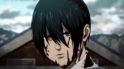 A stern-faced Mikasa glares while covered in blood in Attack on Titan Final Season Part 2.