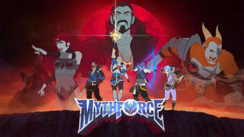 title card for MythForce, showing the cast of heroes, who all look like they’re starring in a 1980s syndicated cartoon