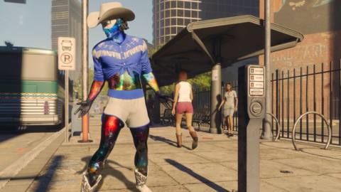 A custom character in Saints Row standing at a bus stop