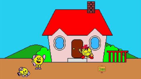 screen from Arcade Archives: Pac-Land, with a Ms. Pac-Man and Baby-Pac who are altered from their original 1980s appearances.