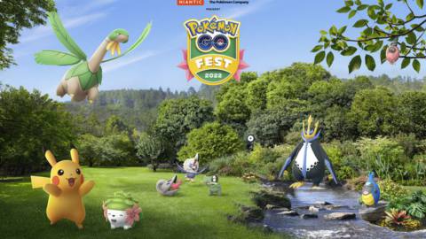 Artwork for Pokémon Go Fest 2022 featuring Tropius, Karrablast, Pikachu, Shaymin, and others