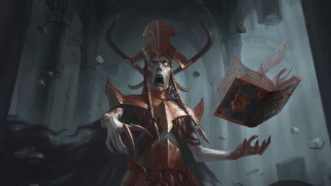 Vecna reading a death spell from a floating tome.