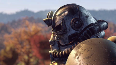 Fallout 76 - profile of power armor helmet with autumn trees in the background