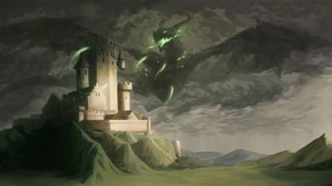 Artwork of a dragon hovering over a castle keep from The Iron Oath