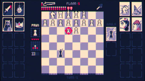 a view of a pixelated chess board with the king piece on one side pointing a gun to the other pieces