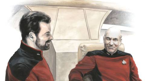 A painting of Jean Luc Picard and Will Riker smiling at each other on the Enterprise from The Star Trek Book of Friendship