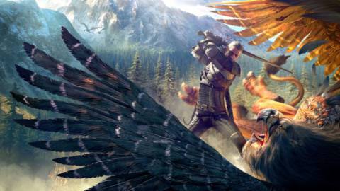 Geralt battles a griffin in artwork from The Witcher 3: Wild Hunt