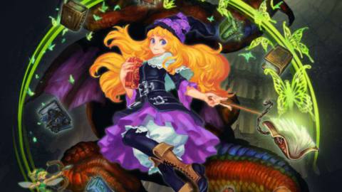 a wizard with flowing hair floating on a dark background. she’s wearing a dress and victorian boots, with bright streaks of light surrounding her