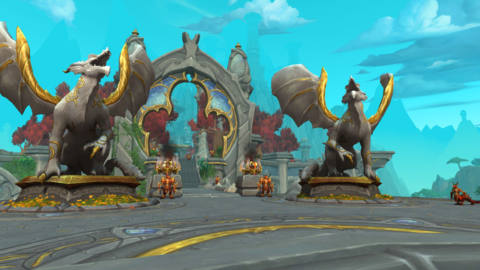 The gates of a new, big city in World of Warcraft: Dragonflight