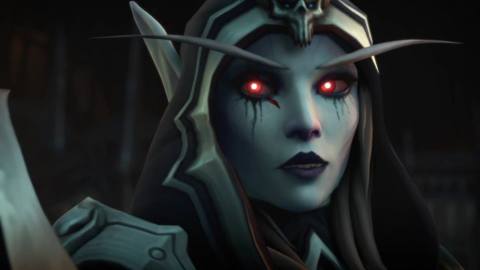 World of Warcraft: Shadowlands - Sylvanas Windrunner, an undead elf with bright red eyes, speaks to a figure off-camera with a hopeful expression.