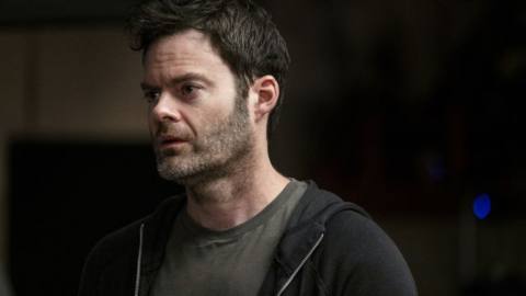 A close-up of Bill Hader looking sad at something to the left