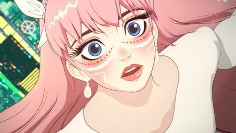 Pink-haired protagonist Belle flies through the skies in the virtual world of U in the anime movie Belle