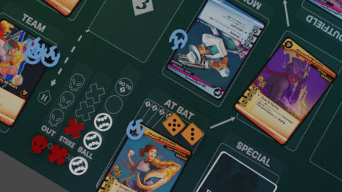 Blaseball: The Card Game - cards are arranged on the game board in anticipation of a new match.