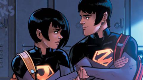 The Wonder Twins, teen superhero siblings, bump fists against a backdrop of high school lockers