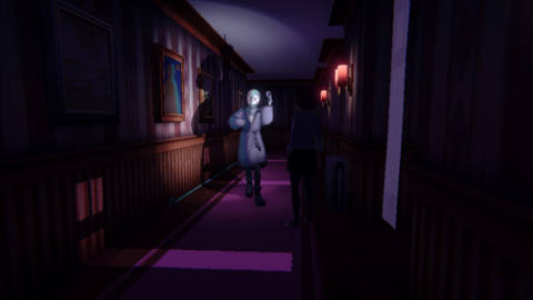 Homebody - The killer, a masked man in a bathrobe with a butcher knife, approaches the protagonist in a dark hallway illuminated dimly by lamps on the walls.