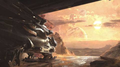 A character on a landing ship overlooking Arrakis in concept art from the untitled Dune survival game