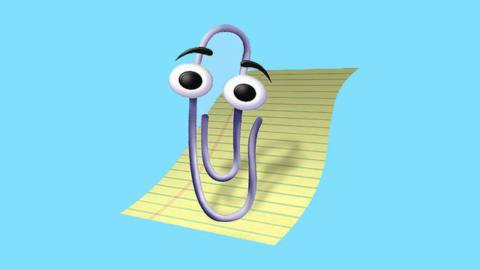 A render of Clippy, the cartoon paperclip from Microsoft Office, on a sheet of ruled yellow paper