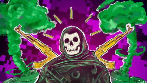 A skull-faced figure festooned with grenades and trinkets stands in front of two golden AK-47 rifles as green smoke mushrooms from oversized soda cans.