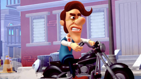 Hugh Neutron from Jimmy Neutron riding a motorcycle in Nickelodeon All-Star Brawl — he looks angry and is baring his teeth as he rumbles forward on the bike