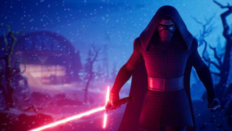 Kylo Ren wields his lightsaber in a screenshot from Fortnite