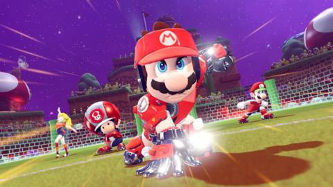Peach, Toad, Mario, and Luigi stand ready to play soccer in a still from Mario Strikers: Battle League