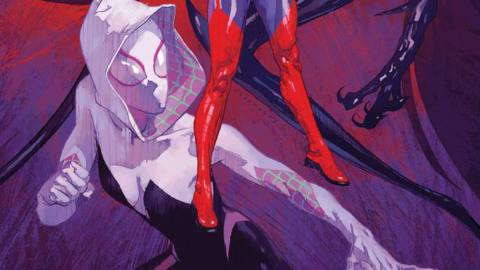 Spider-Gwen poses on the cover of Edge of the Spider-Verse #2 (2022). 