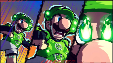 A screenshot of Luigi preparing to execute a Hyper Strike attack in Mario Strikers: Battle League.
