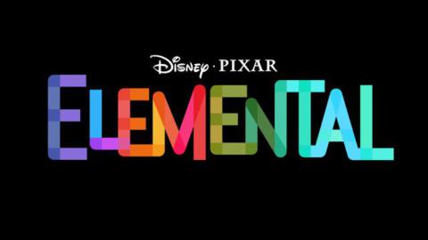 the world elemental, with each letter in a different color, against a black background. the disney and pixar logos are above it