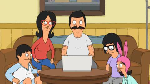 The Bob’s Burgers family sits around a laptop