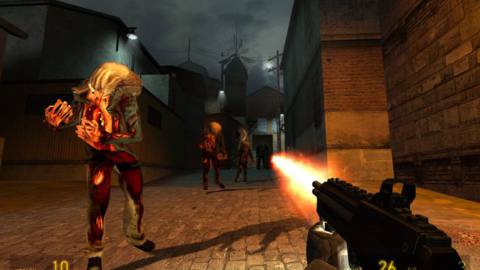 Half-Life 2: The player shoots at headcrab zombies in the terrifying city of Ravenholm
