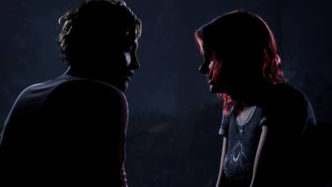 Two campers prepare to kiss in a screenshot from horror game The Quarry