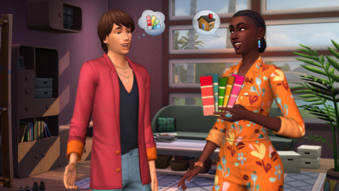 Two people talking about home design, one of which is holding paint swatches, in The Sims 4