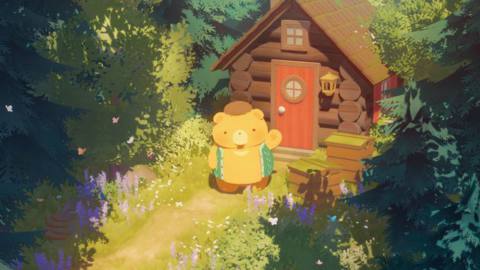a bear standing outside a cottage house in puff pals island skies 