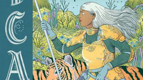Image: An illustrated young knight bears a banner that reads TCAF. She wears gold and green armor and is surrounded by tigers.