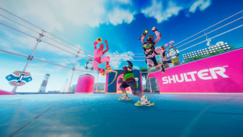 Roller Champions - a three person derby team cheer and celebrate on a brightly colored pink and blue map