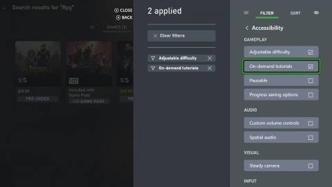 Filter capability highlighted in Xbox Store, with adjustable difficulty and On-Demand Tutorials tag under GamePlay category selected,  and both tags applied. 