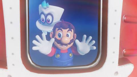 Super Mario Odyssey - Mario and Cappy looking out of a window on the good ship Odyssey