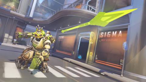 Orisa throws a spear on the Numbani map in a screenshot from Overwatch 2