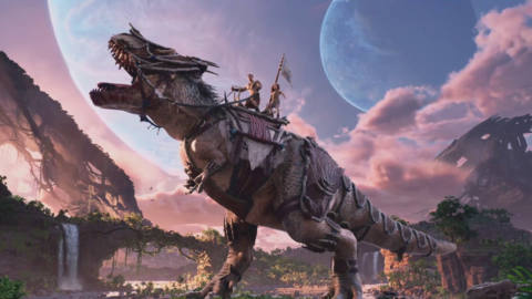 a man and girl riding an armored dinosaur in Ark 2