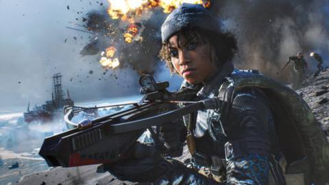 A female soldier wields a crossbow weapon in a screenshot from Battlefield 2042