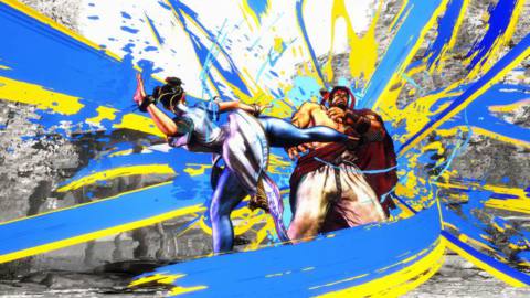 Chun-Li kicks Ryu while the screen is covered with splashes of color in a still from Street Fighter 6