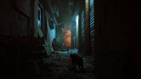 A dark alley with a robot sitting at the far end. A cat stalks in the foreground.