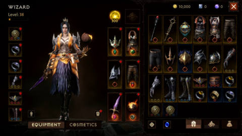 An inventory screen in Diablo Immortal depicting armor, gems, and other items