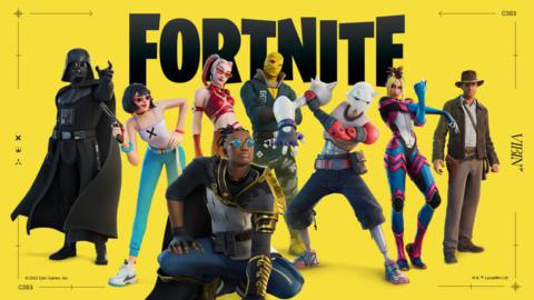 Several Fortnite outfits over a yellow background. This includes Darth Maul, as well as several girls in snazzy summer outfits.