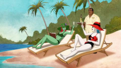 Harley Quinn and Poison Ivy lounge on a beach in Harley Quinn season 3