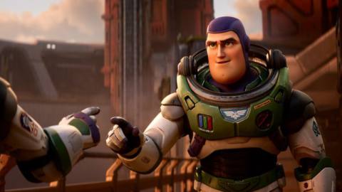 Buzz Lightyear touches fingers with his friend
